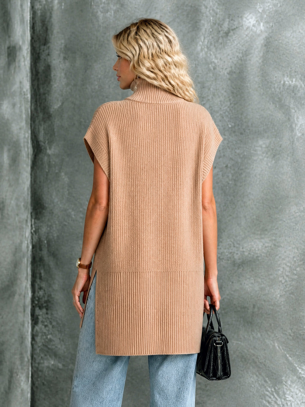 Chic Elegant Camel Turtleneck Dropped-Shoulder Sleeveless Zipper-Front Side-Slit Loose-Fit Wool Blend Ribbed Knit Vest