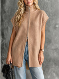 Chic Elegant Camel Turtleneck Dropped-Shoulder Sleeveless Zipper-Front Side-Slit Loose-Fit Wool Blend Ribbed Knit Vest