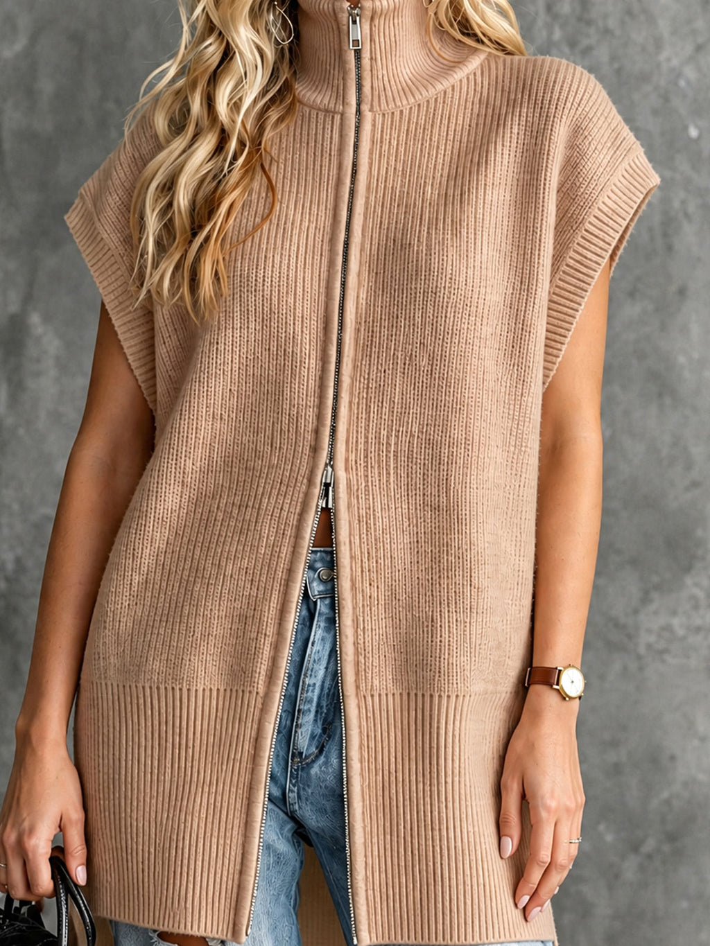 Chic Elegant Camel Turtleneck Dropped-Shoulder Sleeveless Zipper-Front Side-Slit Loose-Fit Wool Blend Ribbed Knit Vest