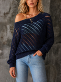 Chic Casual Navy Blue Off Shoulder Long-Sleeve Diagonal Openwork Mesh Loose-Fit Knit Sweater