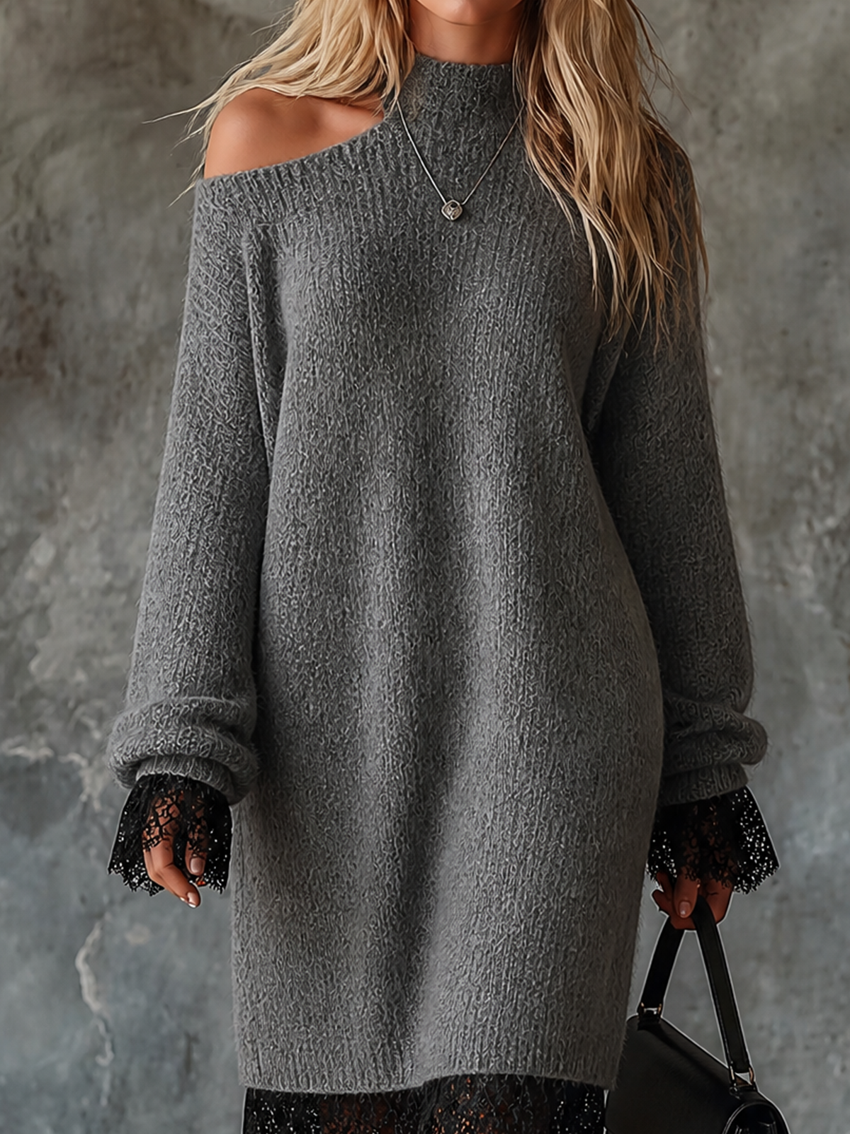 Chic Casual Heather Grey Mock Neck Cold Shoulder Lace Trim Long-Sleeve Loose-Fit Knit Midi Dress