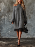 Chic Casual Heather Grey Mock Neck Cold Shoulder Lace Trim Long-Sleeve Loose-Fit Knit Midi Dress