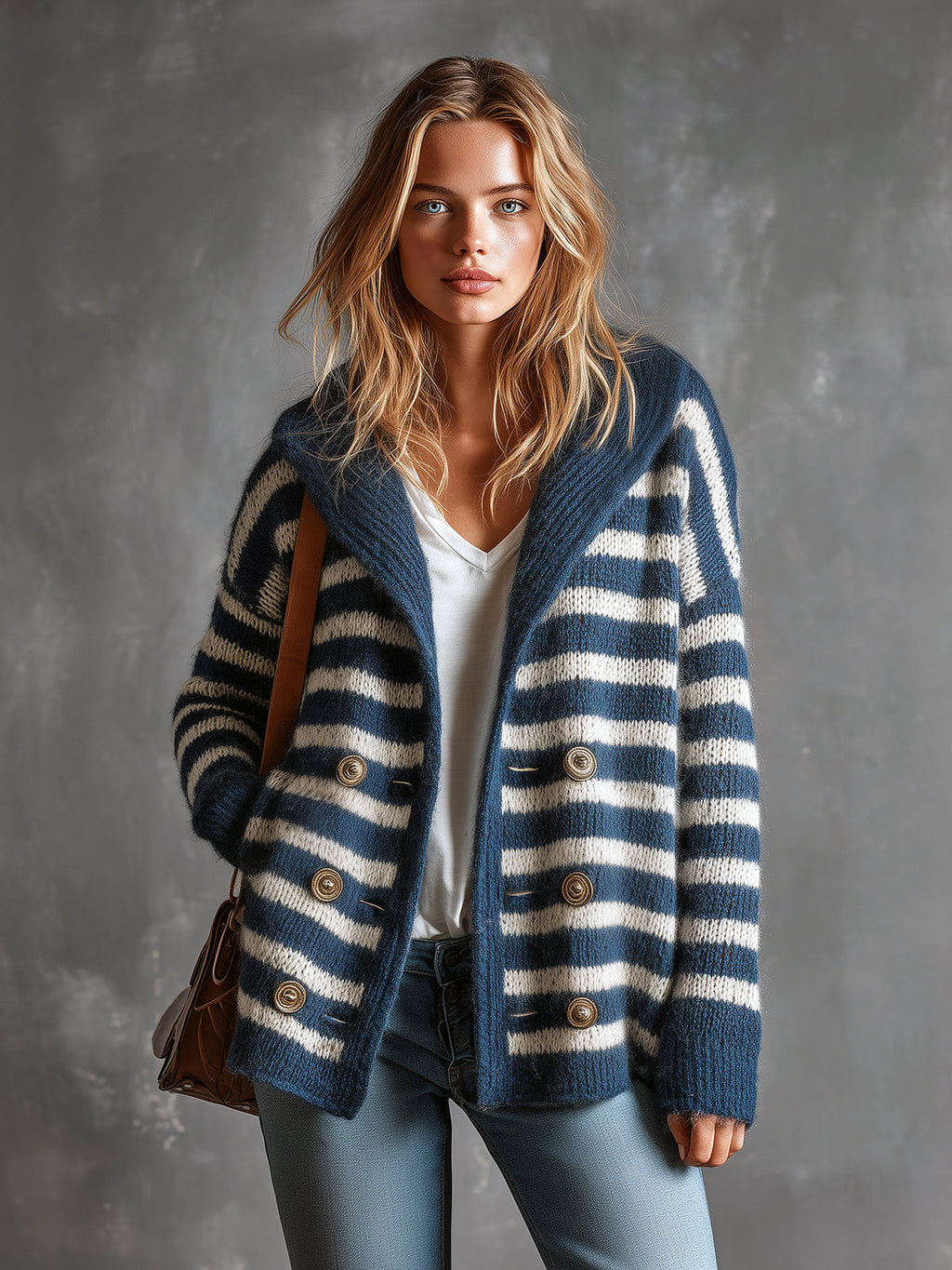 Chic Elegant Navy Blue-White Pinstripe Shawl-Collar Long-Sleeve Double-Breasted Loose-Fit Wool Blend Knit Cardigan