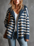 Chic Elegant Navy Blue-White Pinstripe Shawl-Collar Long-Sleeve Double-Breasted Loose-Fit Wool Blend Knit Cardigan