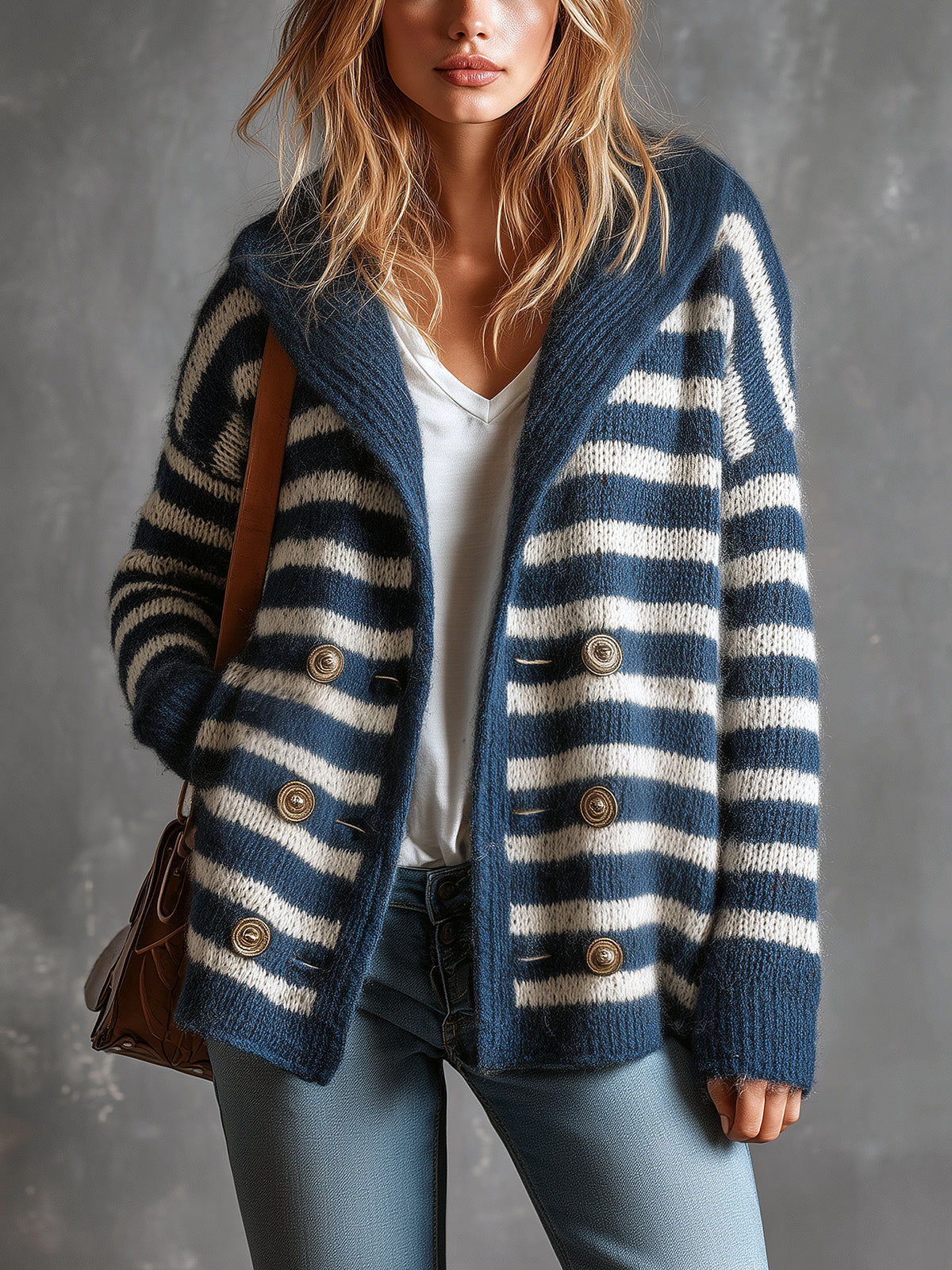 Chic Elegant Navy Blue-White Pinstripe Shawl-Collar Long-Sleeve Double-Breasted Loose-Fit Wool Blend Knit Cardigan