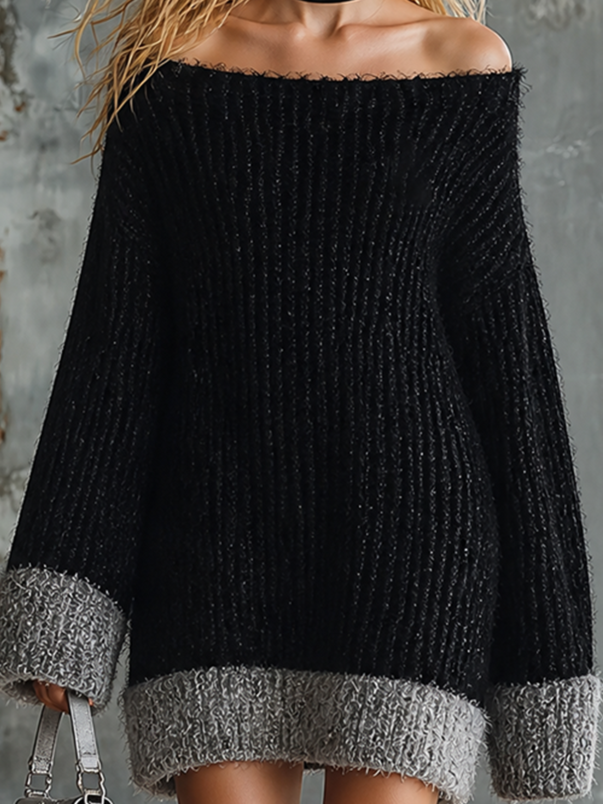 Chic Casual Black-Heather Grey Colorblock Dropped-Shoulder Long-Sleeve Loose-Fit Fuzzy Knit Mini Dress
