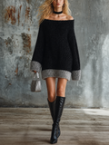 Chic Casual Black-Heather Grey Colorblock Dropped-Shoulder Long-Sleeve Loose-Fit Fuzzy Knit Mini Dress