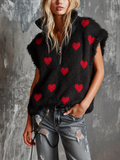 Chic Casual Black Stand Collar Half‑Zip Red Heart Jacquard Sleeveless Loose-Fit Fuzzy Knit Vest Top