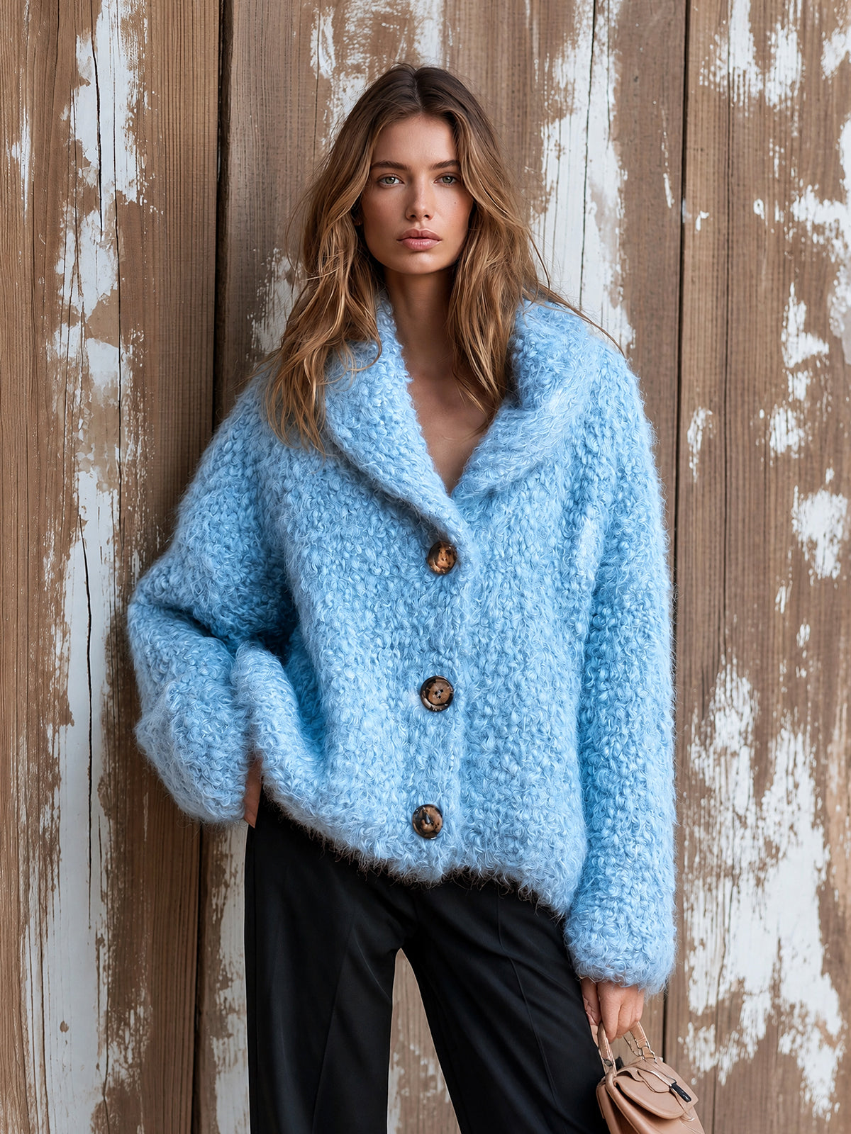 Chic Elegant Blue Shawl-Collar Dropped-Shoulder Long-Sleeve Single-Breasted Wool Blend Warm Knit Overiszed Cardigan