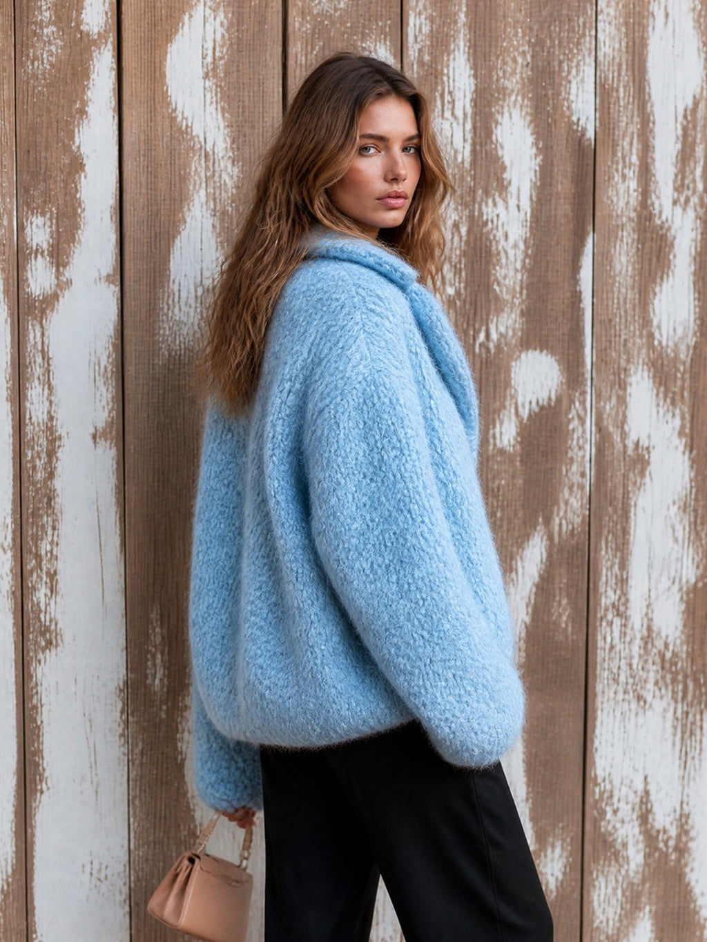 Chic Elegant Blue Shawl-Collar Dropped-Shoulder Long-Sleeve Single-Breasted Wool Blend Warm Knit Overiszed Cardigan