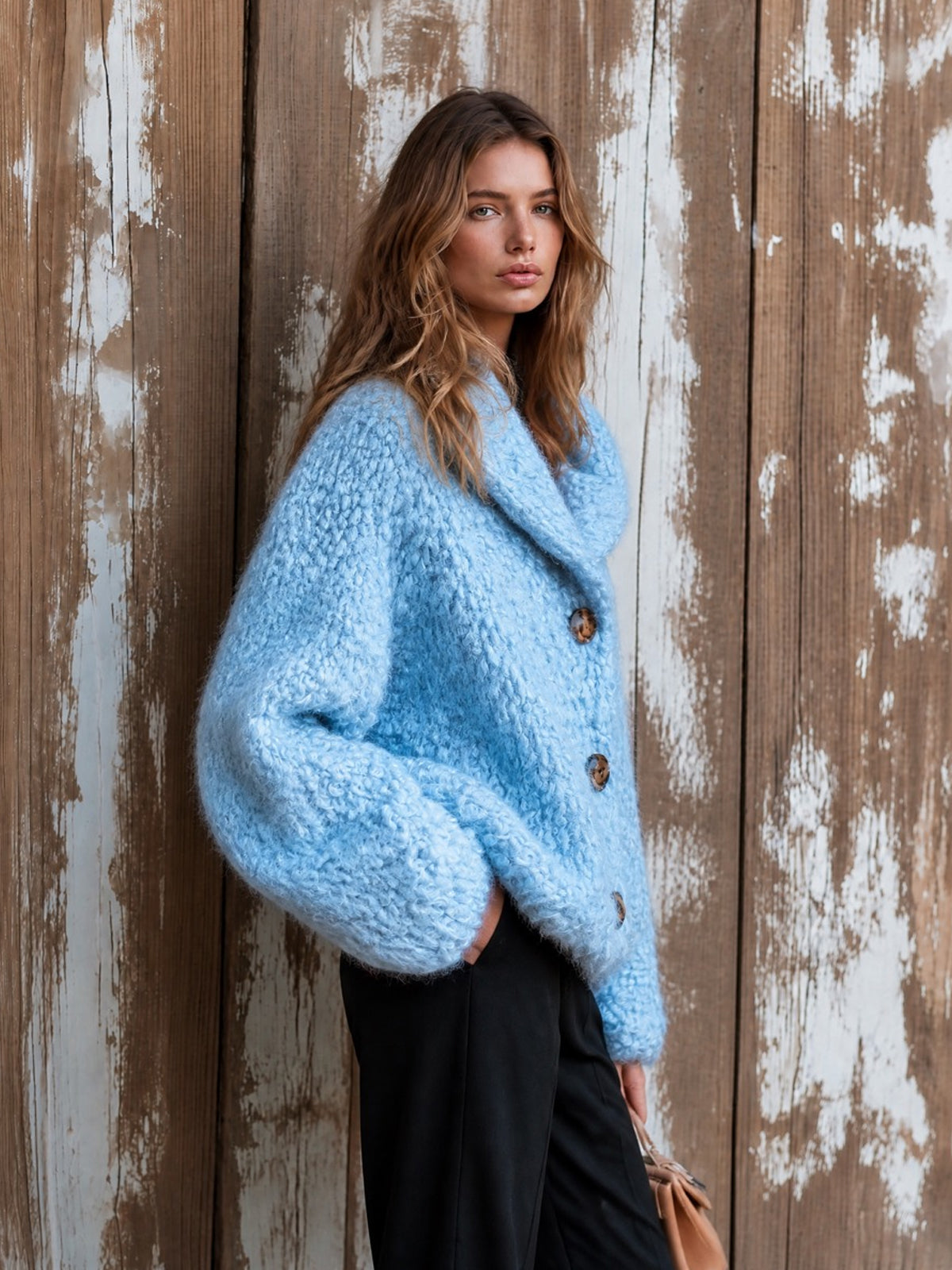 Chic Elegant Blue Shawl-Collar Dropped-Shoulder Long-Sleeve Single-Breasted Wool Blend Warm Knit Overiszed Cardigan