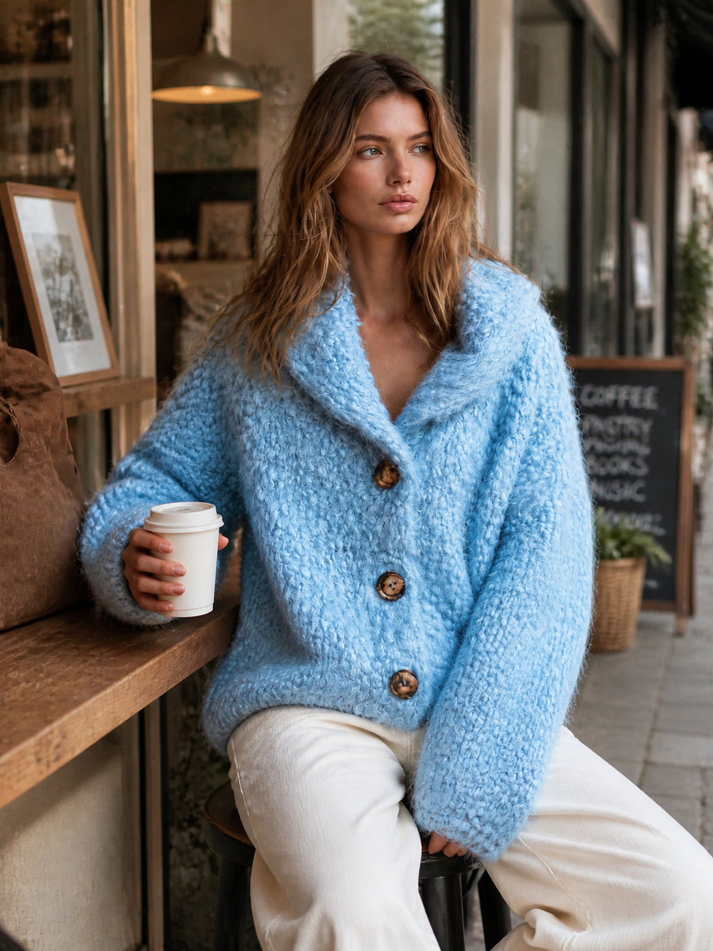 Chic Elegant Blue Shawl-Collar Dropped-Shoulder Long-Sleeve Single-Breasted Wool Blend Warm Knit Overiszed Cardigan