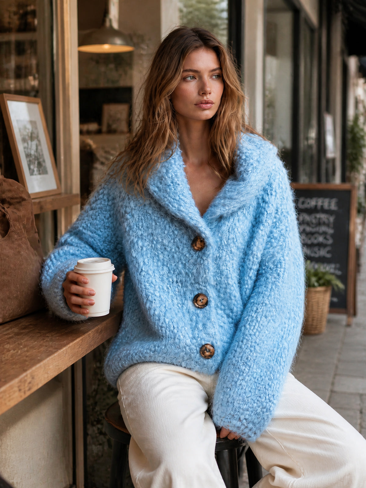 Chic Elegant Blue Shawl-Collar Dropped-Shoulder Long-Sleeve Single-Breasted Wool Blend Warm Knit Overiszed Cardigan