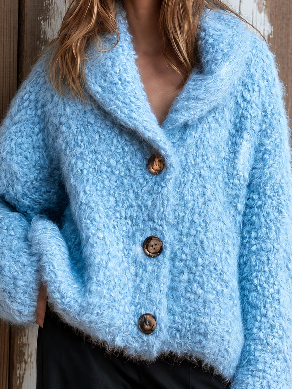 Chic Elegant Blue Shawl-Collar Dropped-Shoulder Long-Sleeve Single-Breasted Wool Blend Warm Knit Overiszed Cardigan