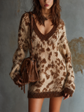 Chic Casual Cream-Brown Leopard Jacquard V-Neck Dropped-Shoulder Long-Sleeve Loose-Fit Fuzzy Knit Mini Dress
