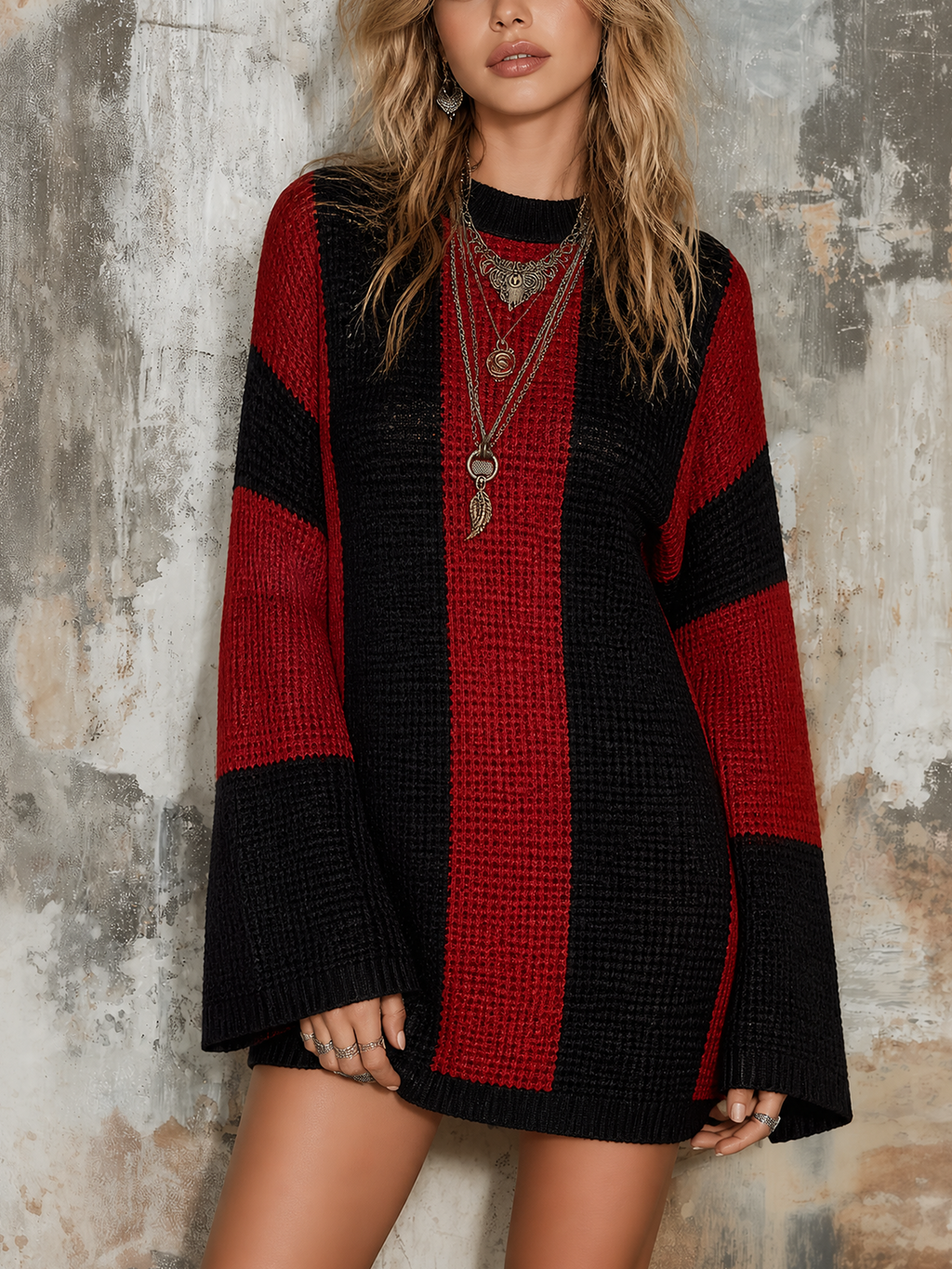 Chic Casual Black-Red Colorblock Round-Neck Flare Long-Sleeve Loose-Fit Knit Mini Dress