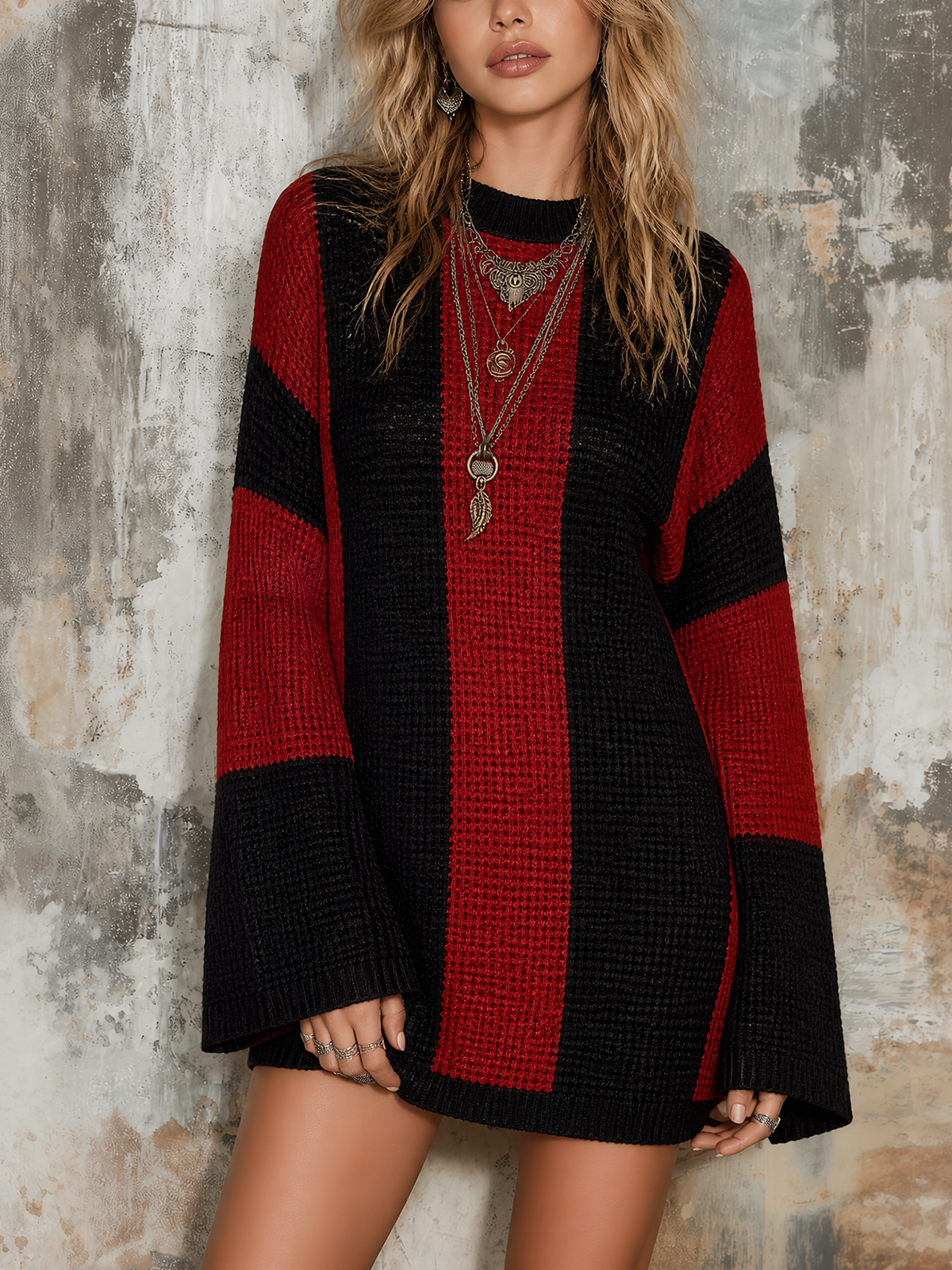 Chic Casual Black-Red Colorblock Round-Neck Flare Long-Sleeve Loose-Fit Knit Mini Dress
