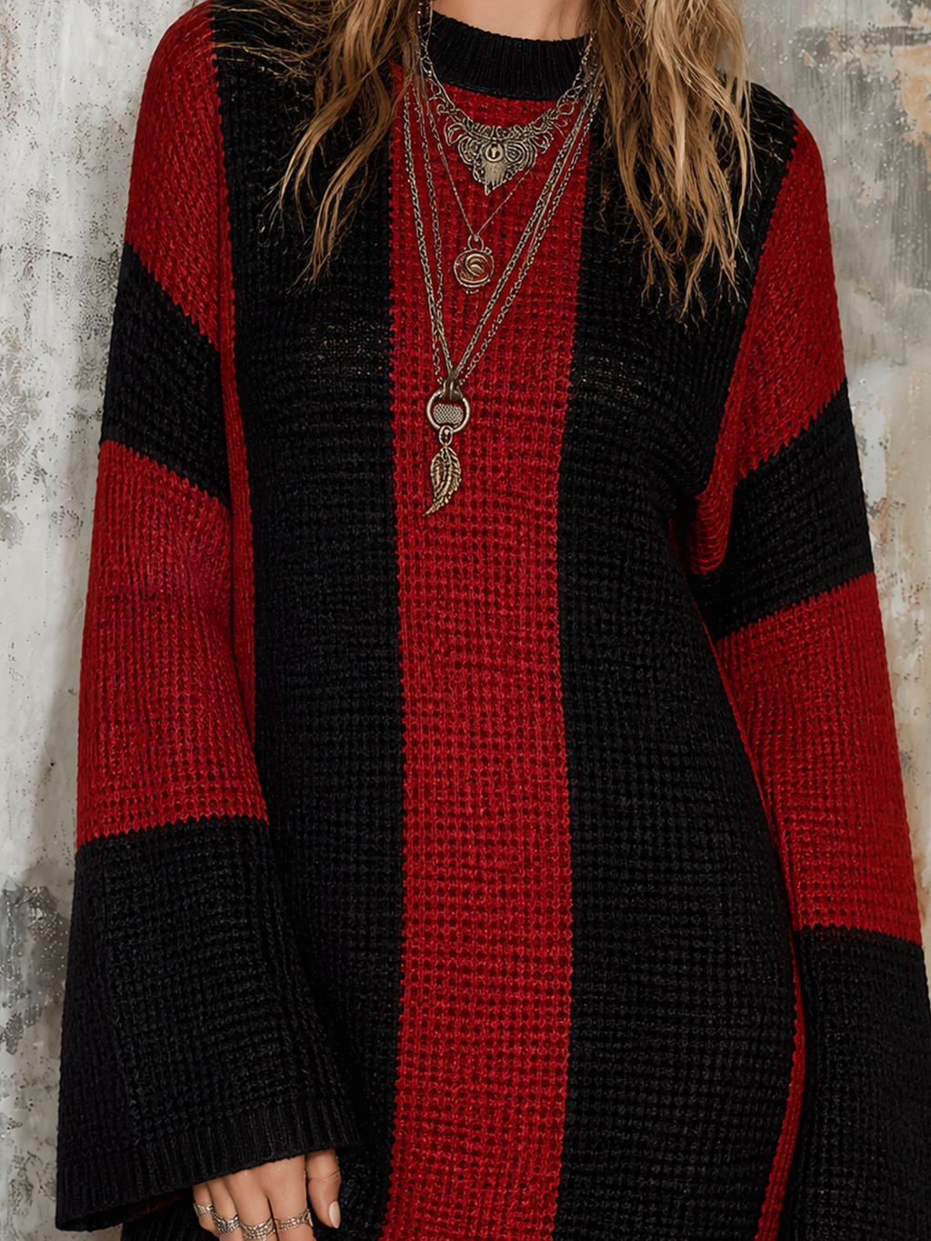 Chic Casual Black-Red Colorblock Round-Neck Flare Long-Sleeve Loose-Fit Knit Mini Dress