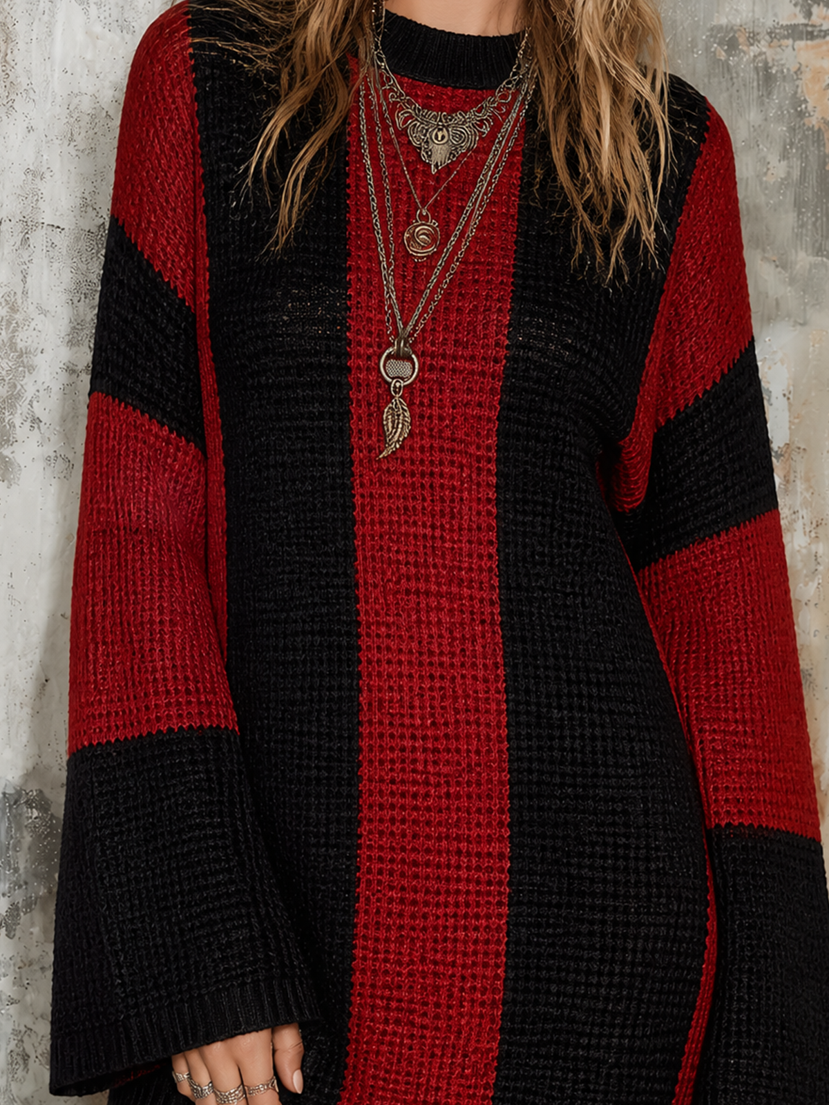 Chic Casual Black-Red Colorblock Round-Neck Flare Long-Sleeve Loose-Fit Knit Mini Dress