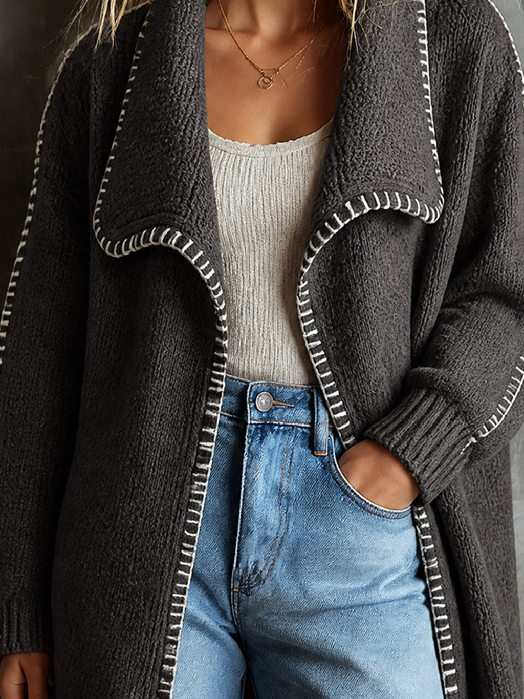 Chic Casual Dark Grey Shawl Lapel Collar Contrast Topstitching Long-Sleeve Loose-Fit Knit Cardigan