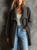 Chic Casual Dark Grey Shawl Lapel Collar Contrast Topstitching Long-Sleeve Loose-Fit Knit Cardigan
