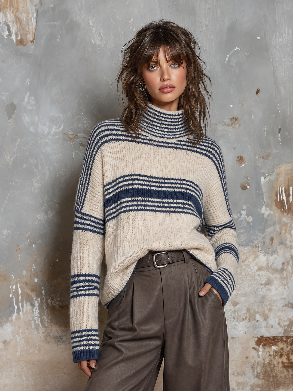 Chic Casual Oatmeal-Navy Blue Stripes Turtleneck Dropped-Shoulder Long-Sleeve Loose-Fit Knit Sweater
