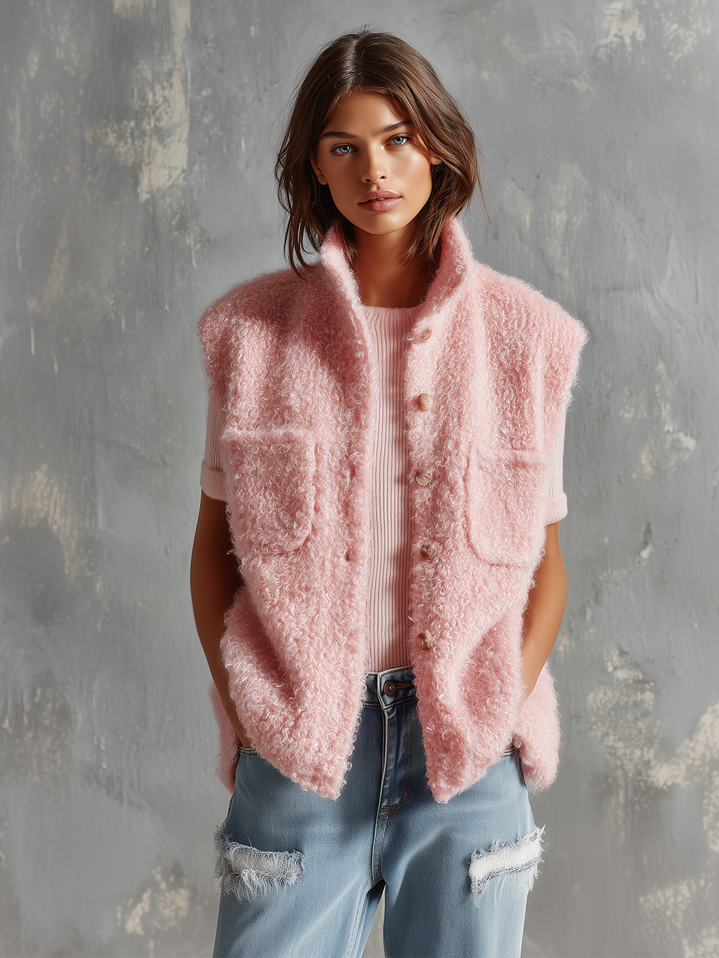 Chic Casual Pink Stand Collar Single-Breasted Patch Pocket Sleeveless Loose-Fit Fuzzy Curly Knit Vest Top