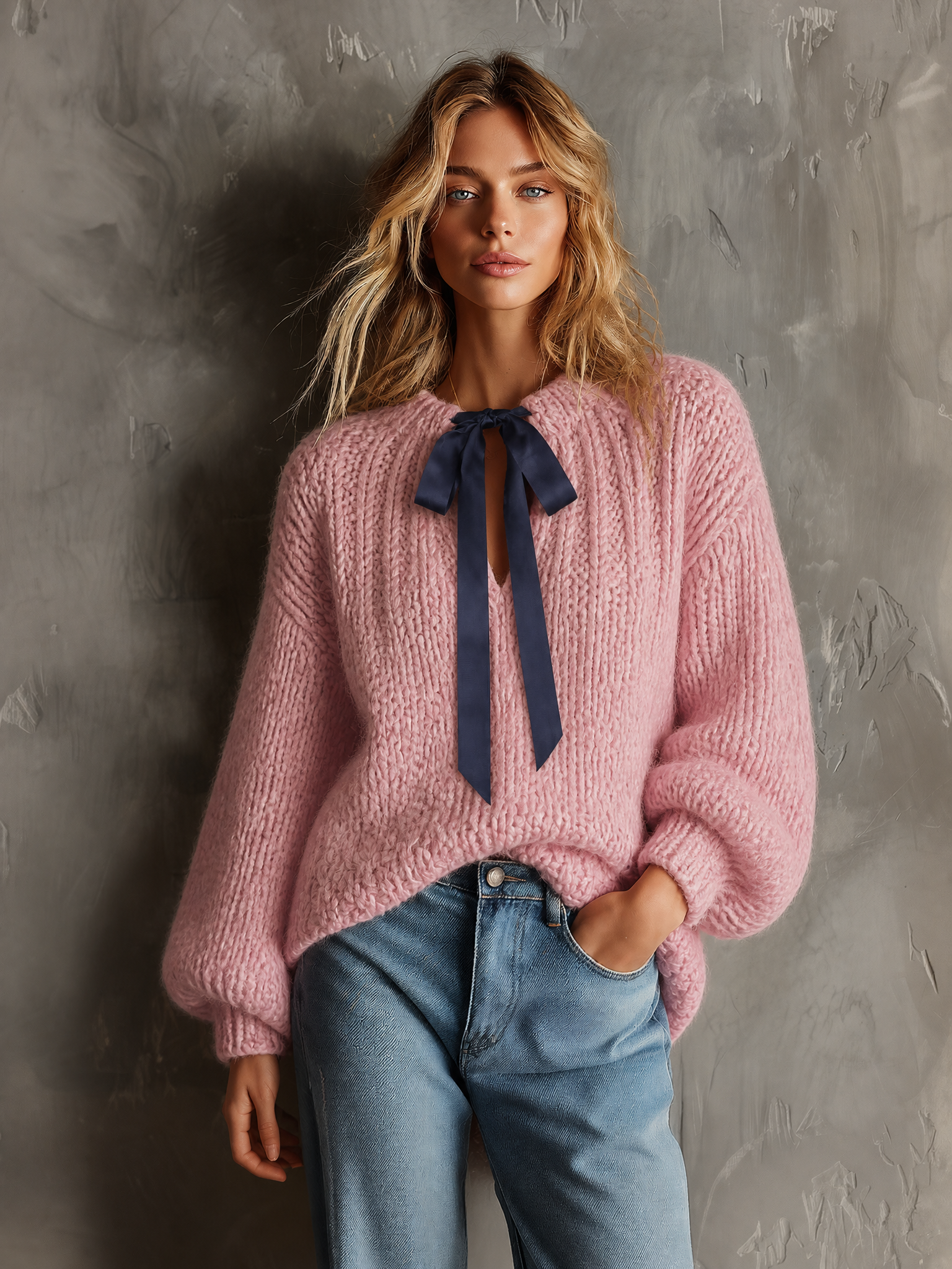 Chic Casual Dusty Pink Contrast Satin Bow Tie Neck Dropped-Shoulder Long-Sleeve Loose-Fit Chunky Knit Sweater
