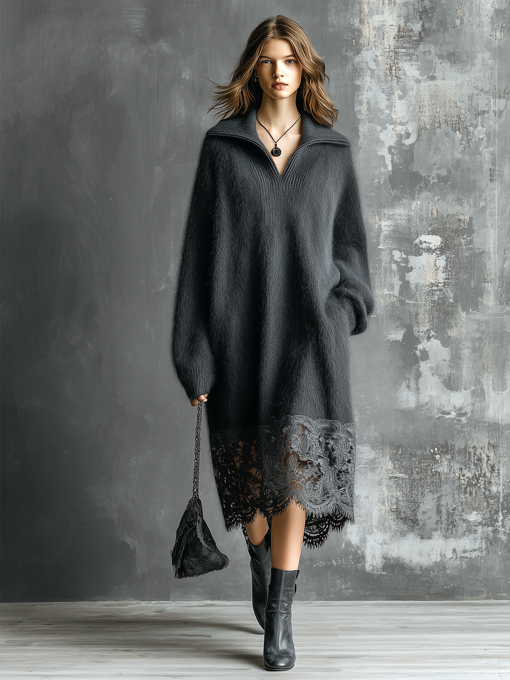 Chic Casual Charcoal Grey Lapel-Collar V-Neck Lace Hem Long-Sleeve Loose-Fit Fuzzy Knit Midi Dress