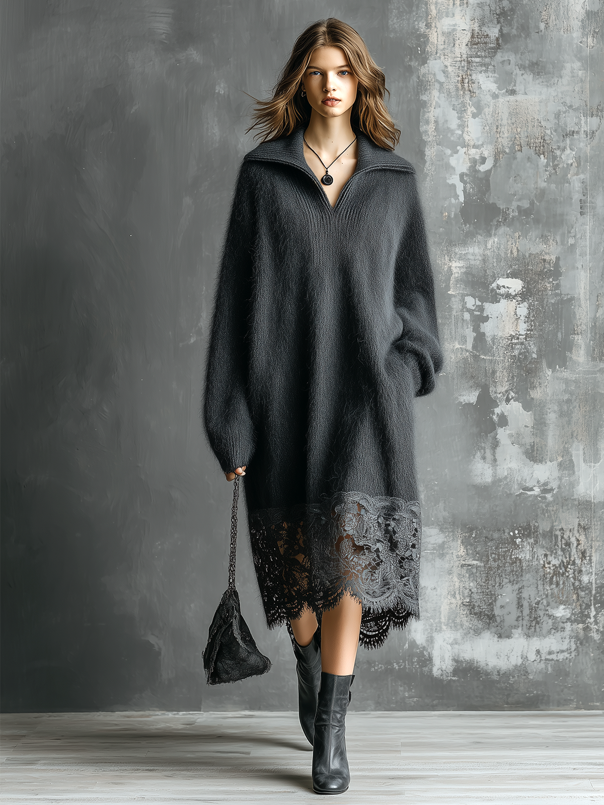 Chic Casual Charcoal Grey Lapel-Collar V-Neck Lace Hem Long-Sleeve Loose-Fit Fuzzy Knit Midi Dress
