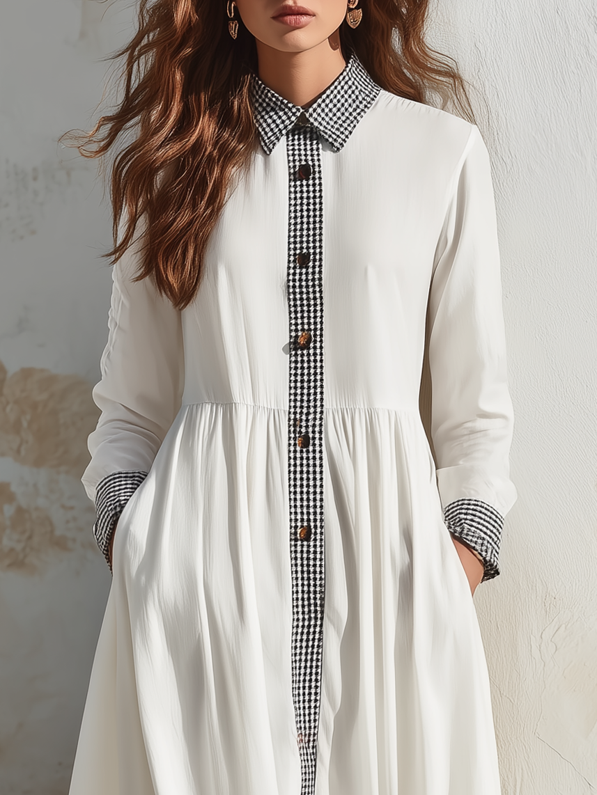 Vintage Cottage Vibe White Gingham Contrast Trim Lined Midi Shirt Dress