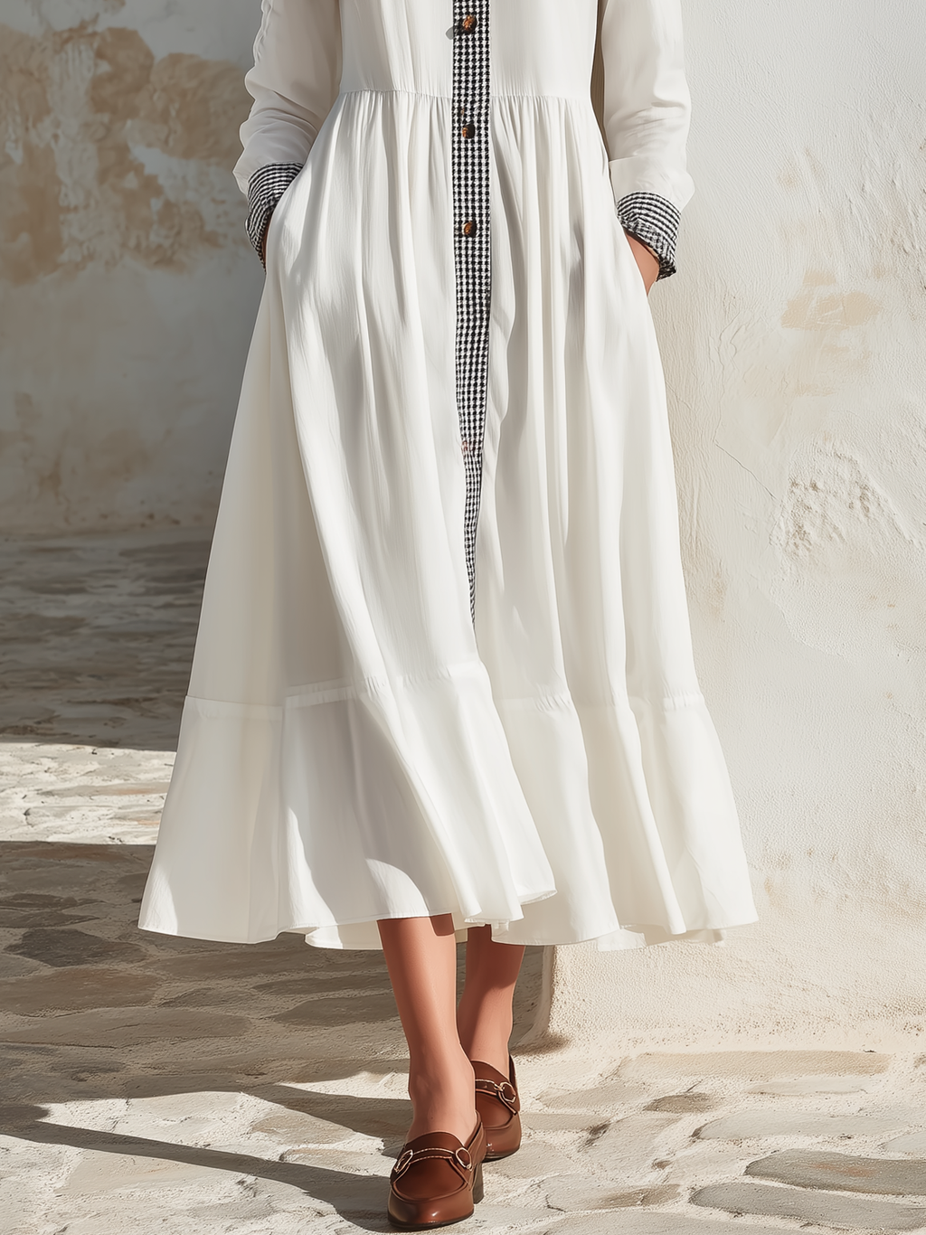 Vintage Cottage Vibe White Gingham Contrast Trim Lined Midi Shirt Dress