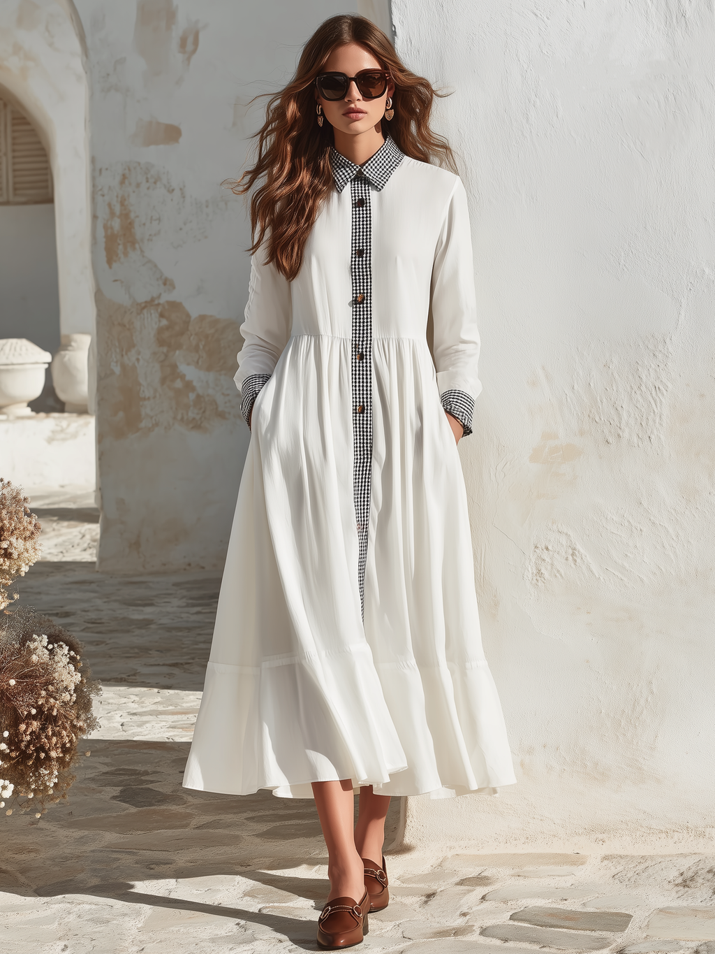 Vintage Cottage Vibe White Gingham Contrast Trim Lined Midi Shirt Dress