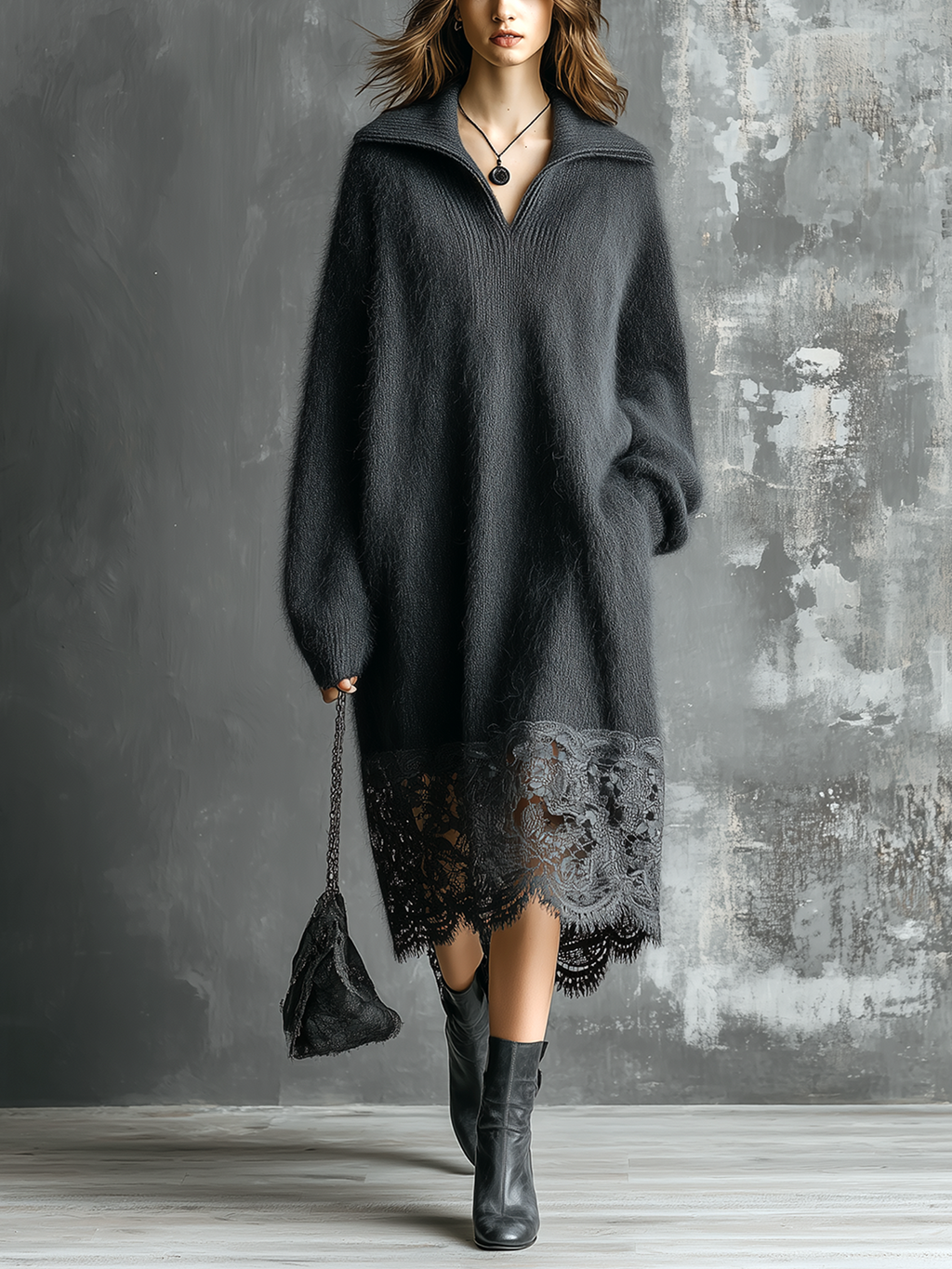 Chic Casual Charcoal Grey Lapel-Collar V-Neck Lace Hem Long-Sleeve Loose-Fit Fuzzy Knit Midi Dress