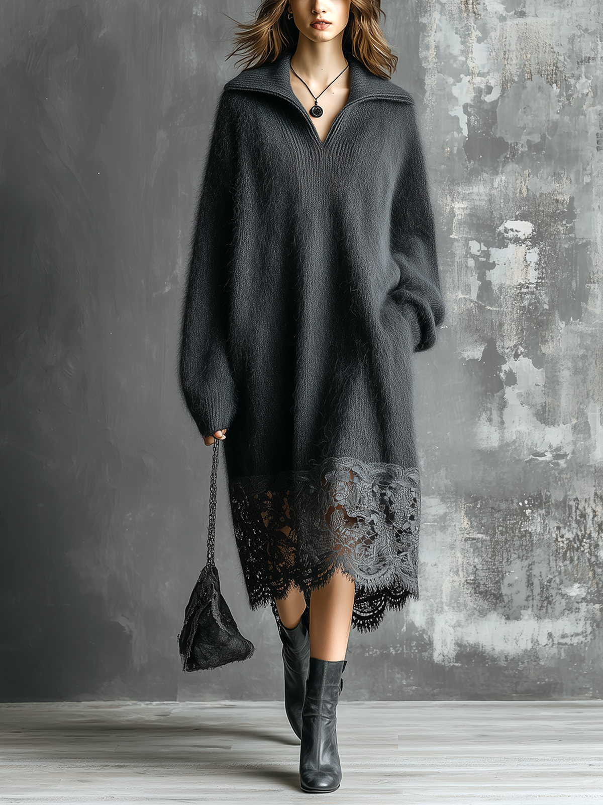 Chic Casual Charcoal Grey Lapel-Collar V-Neck Lace Hem Long-Sleeve Loose-Fit Fuzzy Knit Midi Dress