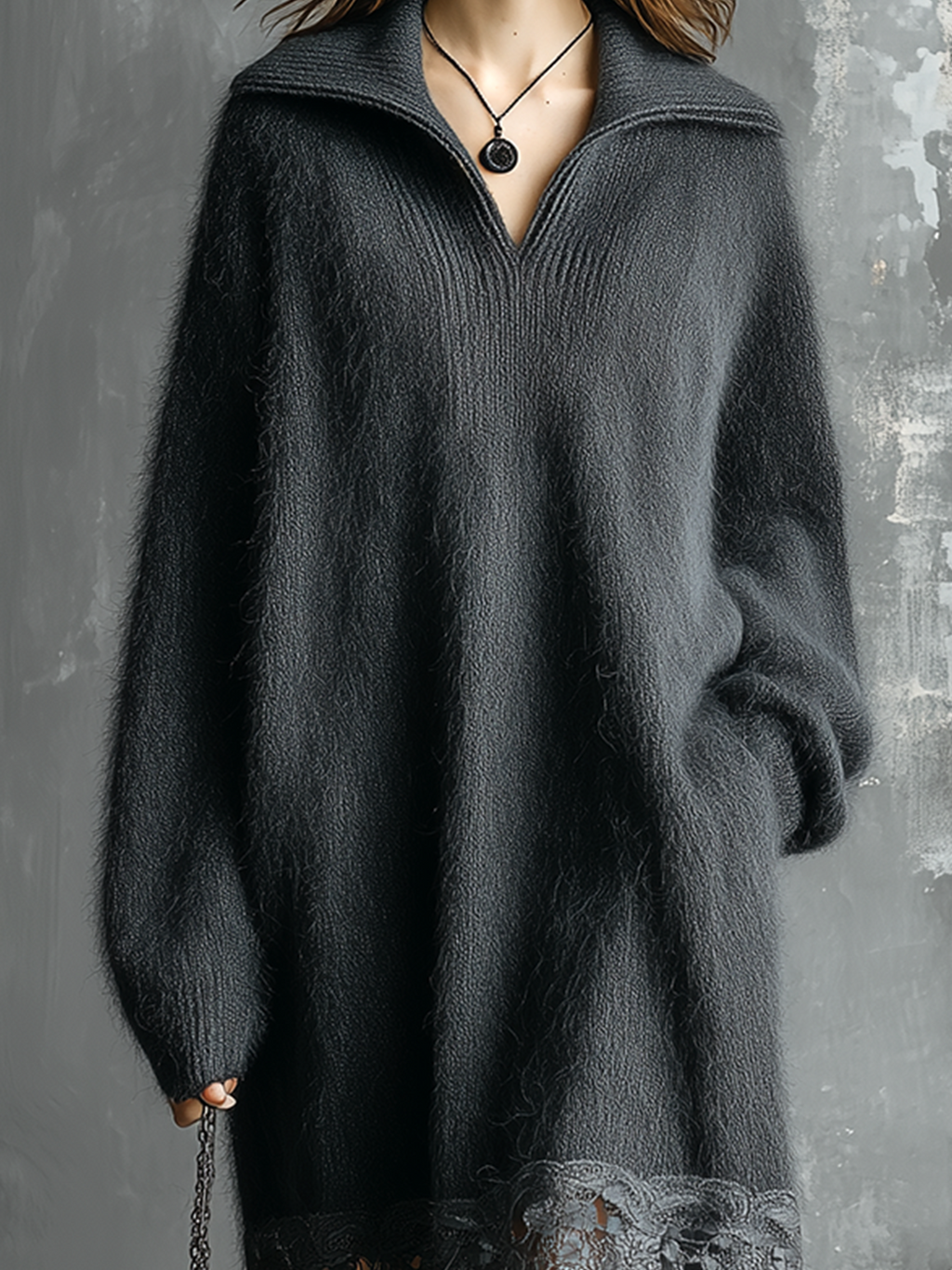 Chic Casual Charcoal Grey Lapel-Collar V-Neck Lace Hem Long-Sleeve Loose-Fit Fuzzy Knit Midi Dress