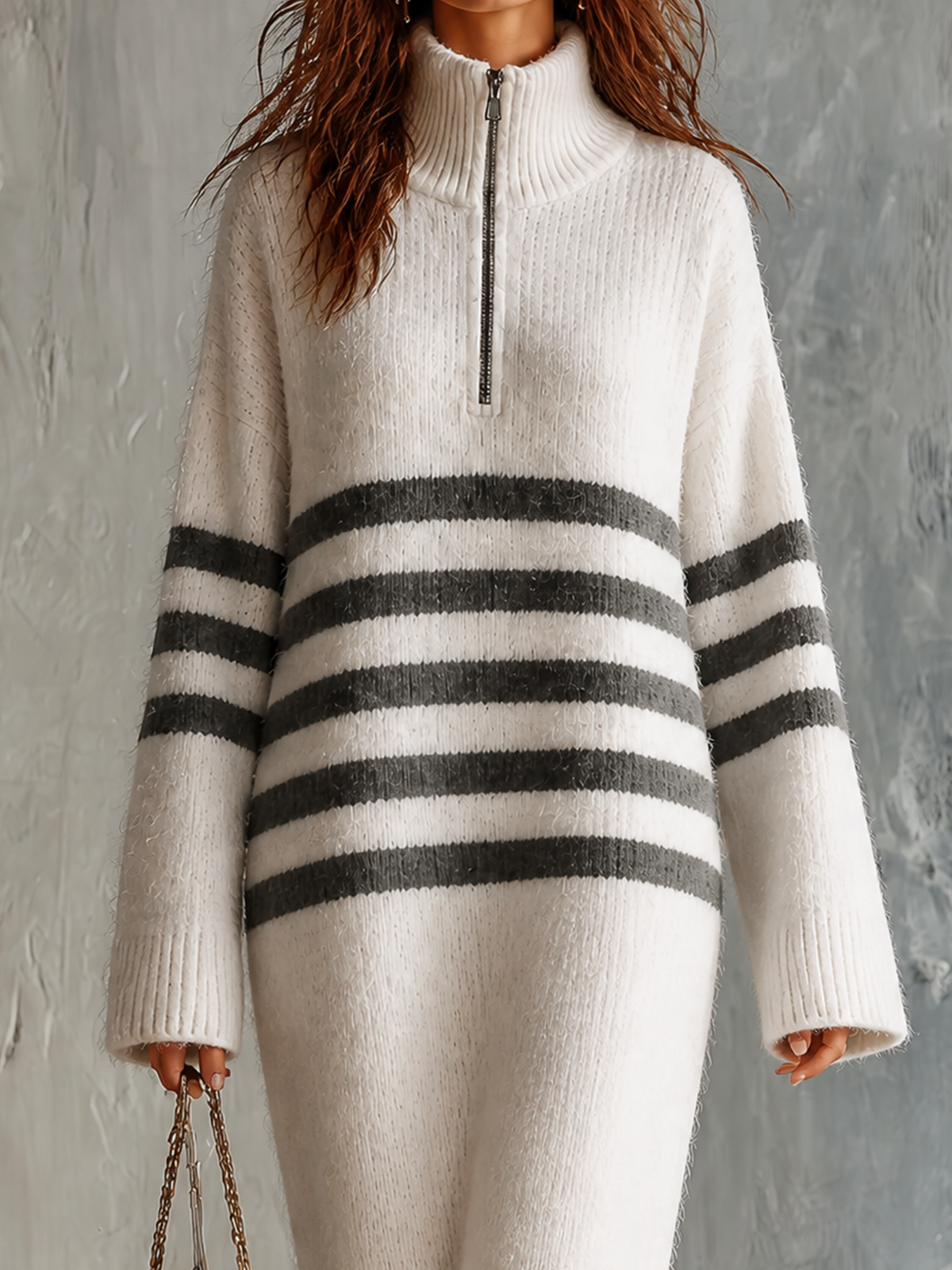 Chic Casual Off‑White Turtleneck Half‑Zip Grey Stripes Long-Sleeve Loose-Fit Knit Maxi Dress