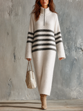 Chic Casual Off‑White Turtleneck Half‑Zip Grey Stripes Long-Sleeve Loose-Fit Knit Maxi Dress