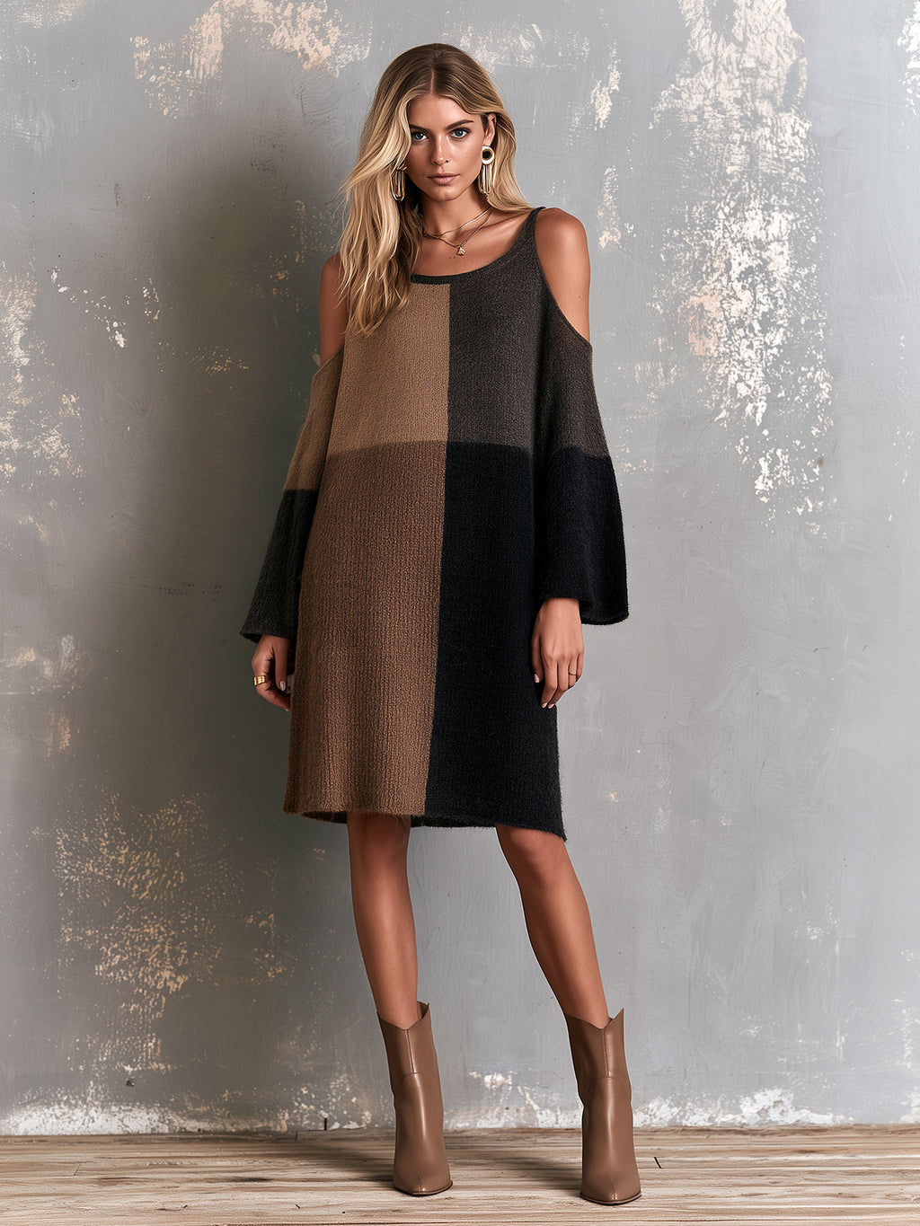 Chic Elegant Black-Brown Colorblock Round-Neck Long-Flare-Sleeve Shoulder Cutout Detail A-Line Wool Blend Knit Midi Dress