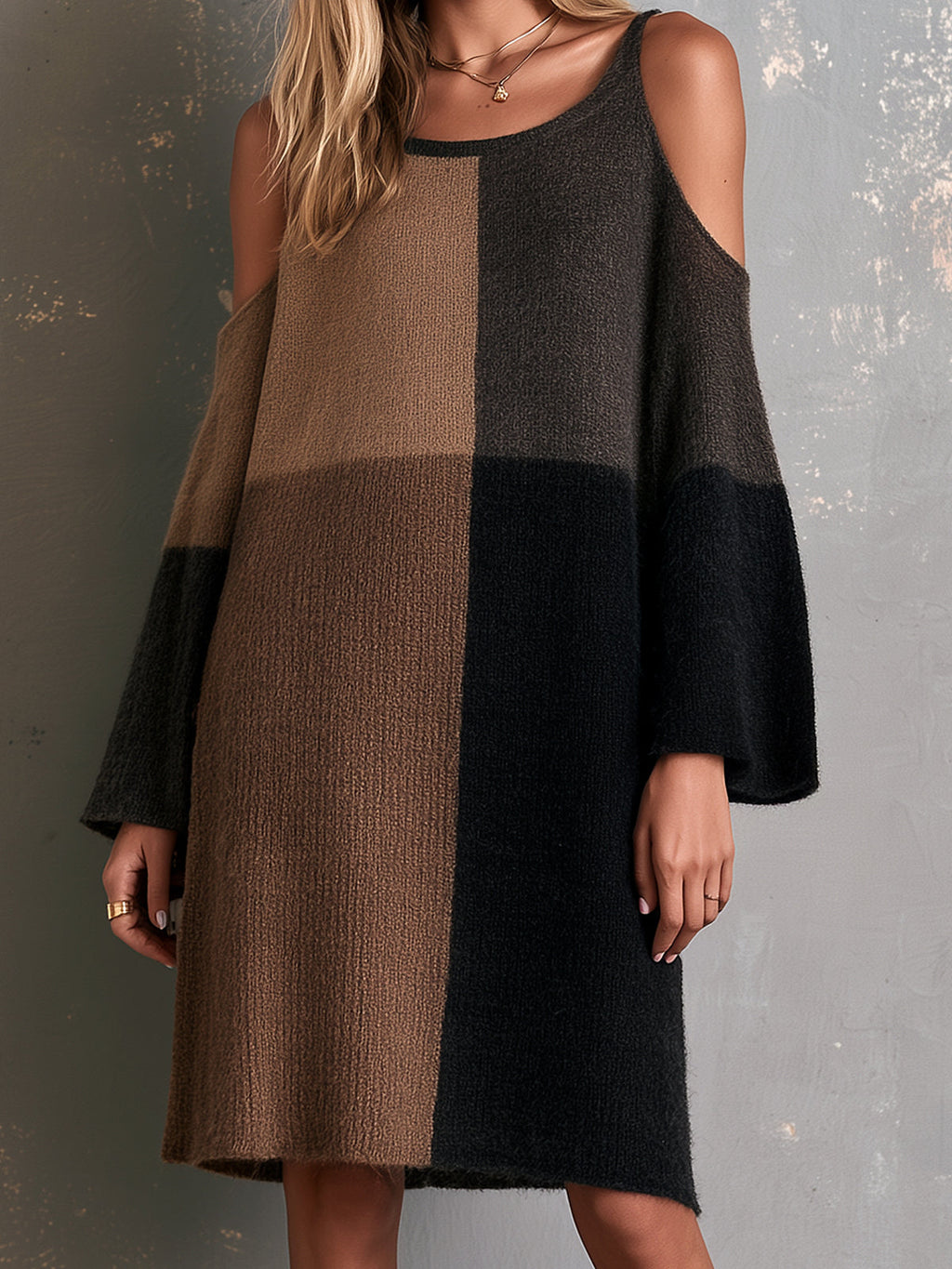 Chic Elegant Black-Brown Colorblock Round-Neck Long-Flare-Sleeve Shoulder Cutout Detail A-Line Wool Blend Knit Midi Dress