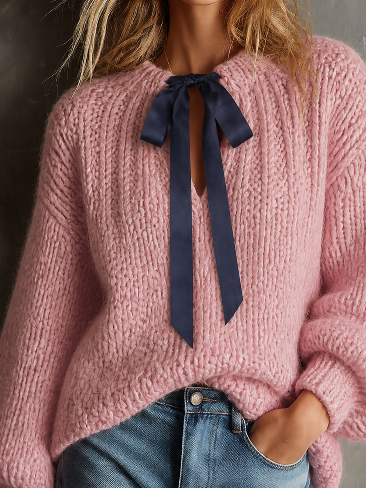 Chic Casual Dusty Pink Contrast Satin Bow Tie Neck Dropped-Shoulder Long-Sleeve Loose-Fit Chunky Knit Sweater