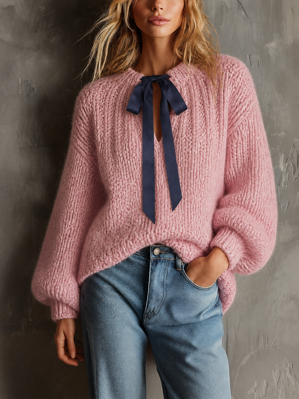 Chic Casual Dusty Pink Contrast Satin Bow Tie Neck Dropped-Shoulder Long-Sleeve Loose-Fit Chunky Knit Sweater