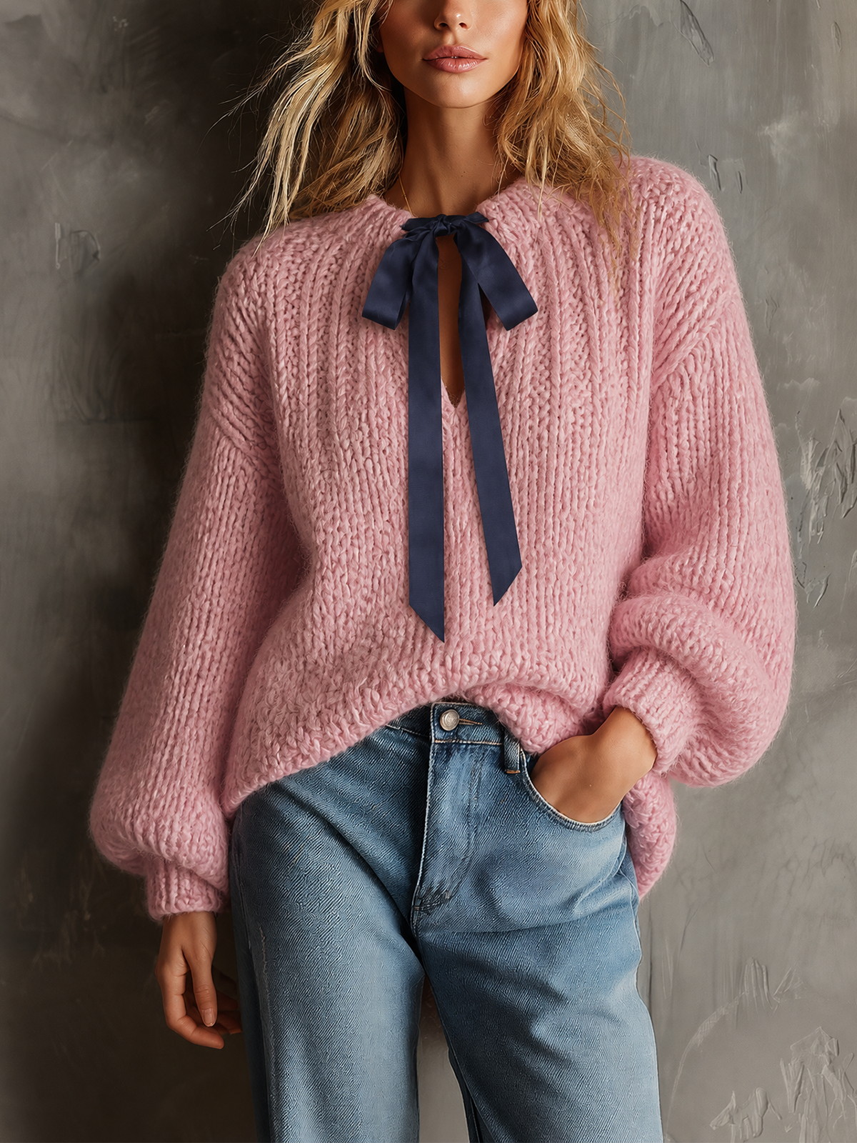 Chic Casual Dusty Pink Contrast Satin Bow Tie Neck Dropped-Shoulder Long-Sleeve Loose-Fit Chunky Knit Sweater