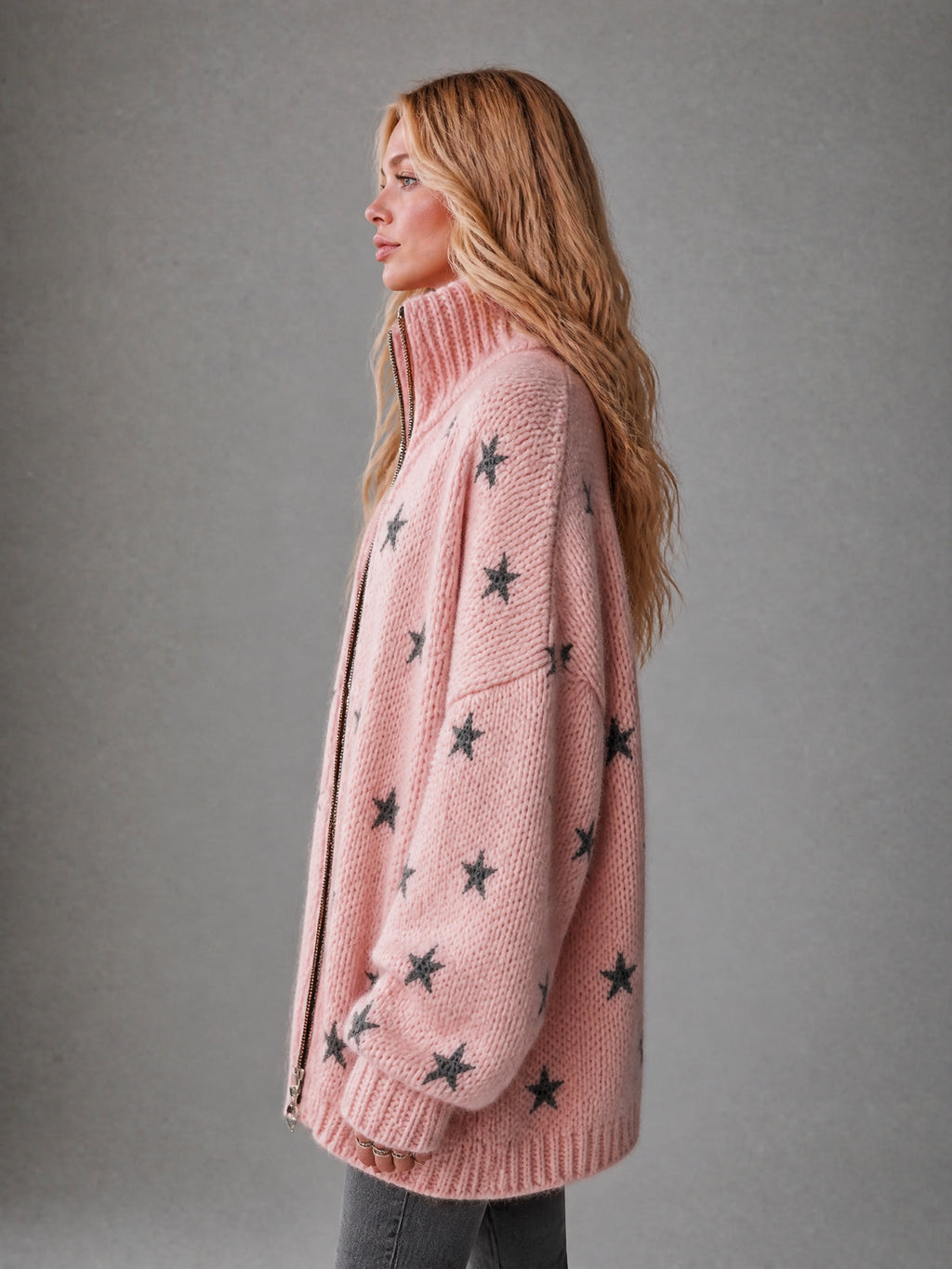 Chic Casual Pink-Black Stars Jacquard Stand Collar Long-Sleeve Zipper-Front Oversized Wool Blend Knit Cardigan