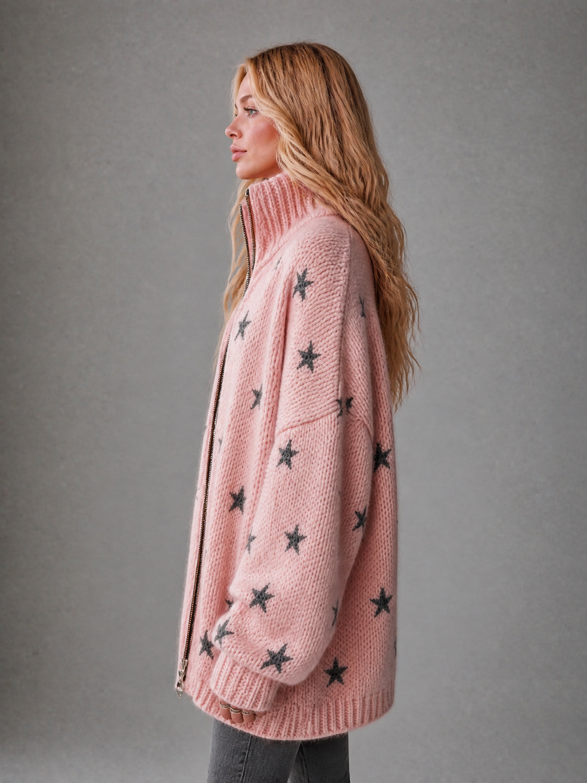Chic Casual Pink-Black Stars Jacquard Stand Collar Long-Sleeve Zipper-Front Oversized Wool Blend Knit Cardigan