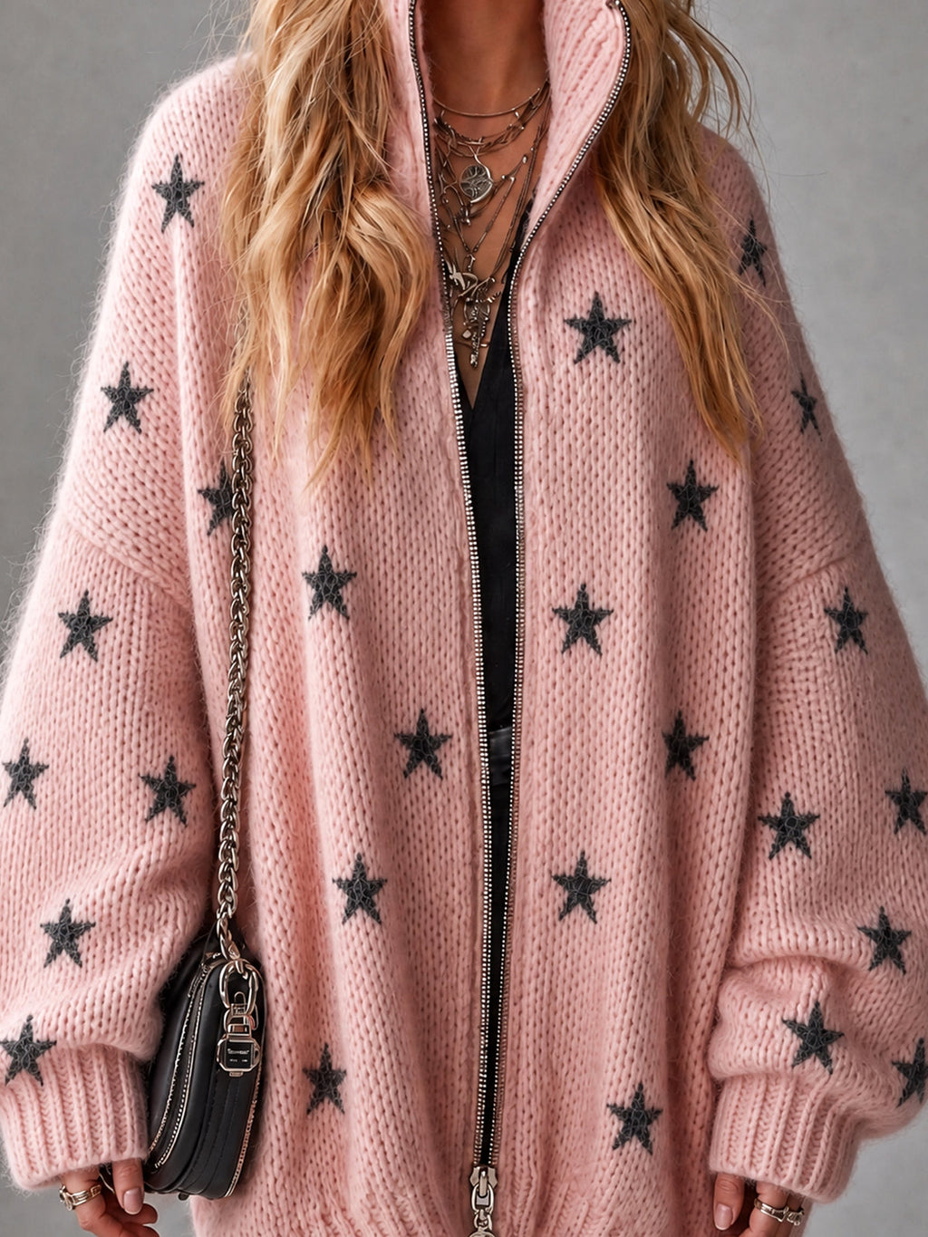 Chic Casual Pink-Black Stars Jacquard Stand Collar Long-Sleeve Zipper-Front Oversized Wool Blend Knit Cardigan