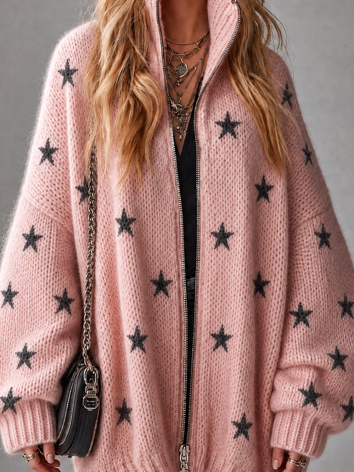 Chic Casual Pink-Black Stars Jacquard Stand Collar Long-Sleeve Zipper-Front Oversized Wool Blend Knit Cardigan