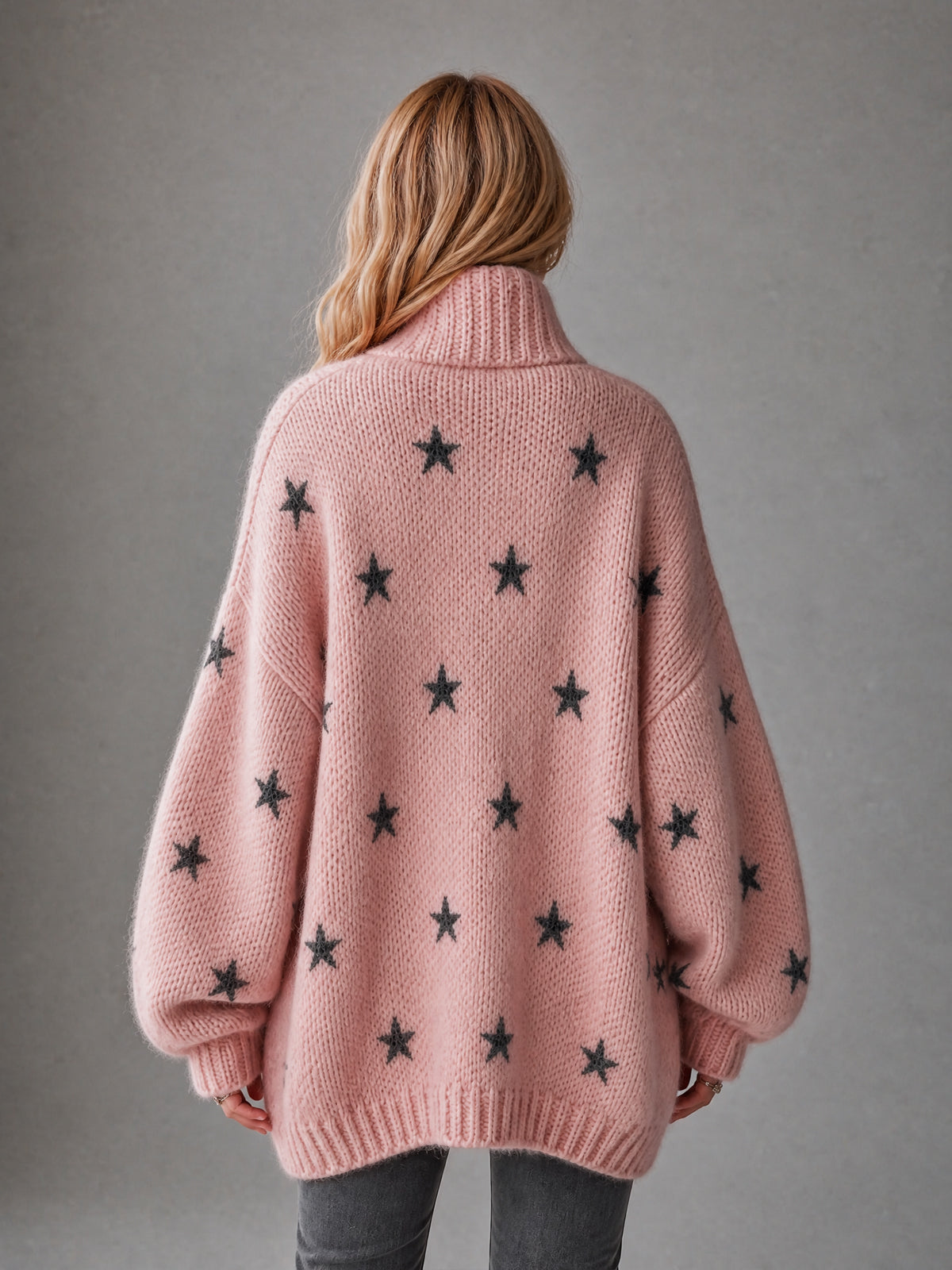 Chic Casual Pink-Black Stars Jacquard Stand Collar Long-Sleeve Zipper-Front Oversized Wool Blend Knit Cardigan