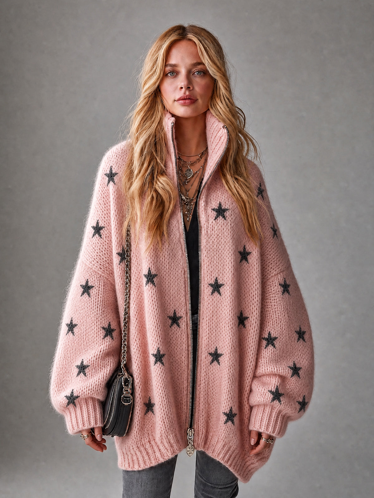 Chic Casual Pink-Black Stars Jacquard Stand Collar Long-Sleeve Zipper-Front Oversized Wool Blend Knit Cardigan