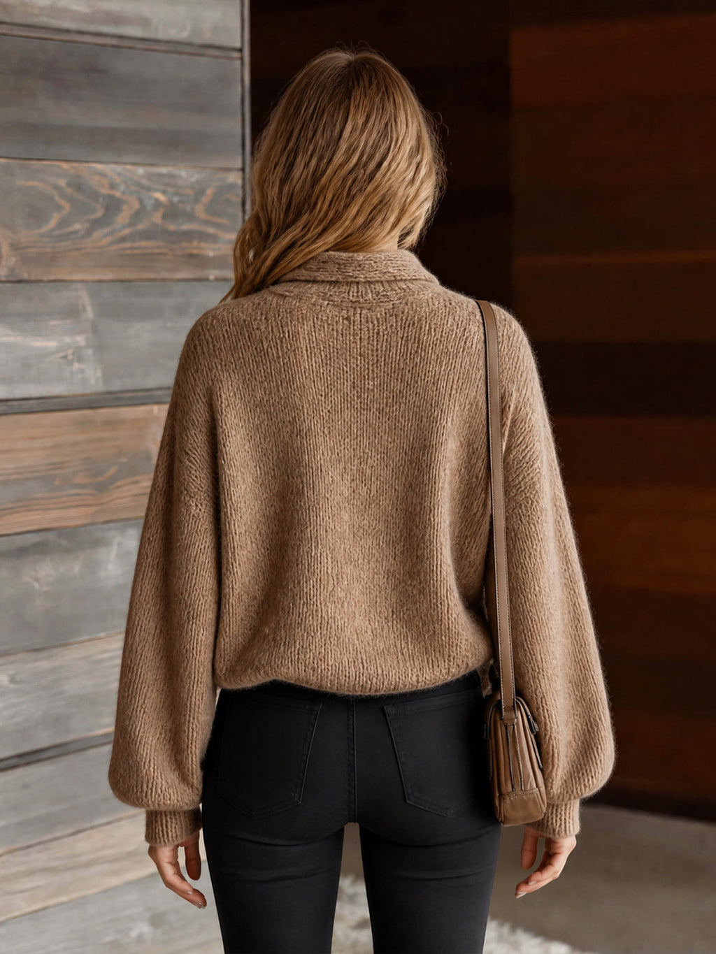 Chic Elegant Camel Lapel Button-Front Long-Sleeve Cross-Front Ruched Detail Loose-Fit Wool Blend Knit Sweater